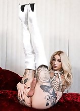 Watch tattooed tgirl Luna Love stroking her hard cock and fucking her tight ass with a glass dildo!